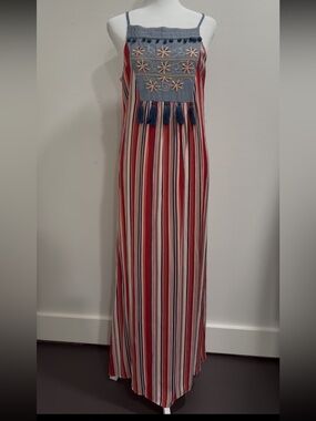 THML Red, Navy & Beige Striped Maxi Dress